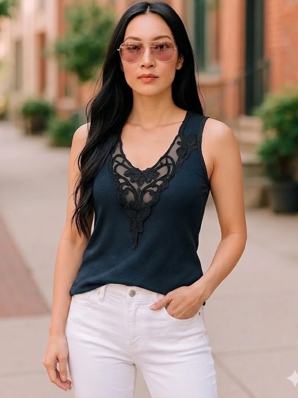 Vintage Black Lace Mesh Eyelet Low V Neck Camisole Tank Top Cotton  S / M